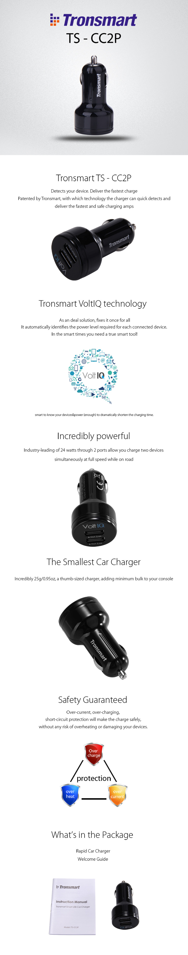 Tronsmart Dual USB 2 Ports Smart Car Charger with VoltIQ Tech 2.4A*2 Intelligent Identification