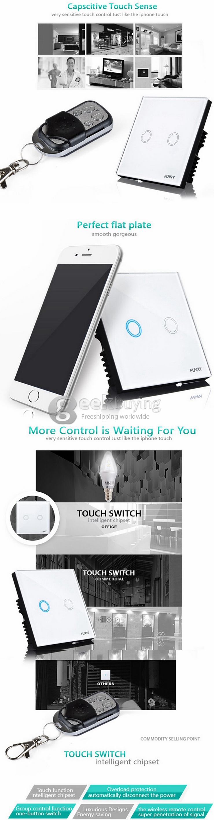 Funry Y8 Home Touch Switch Triple Remote Control 1 Way Intelligent Control Switch With Overload Protection - EU