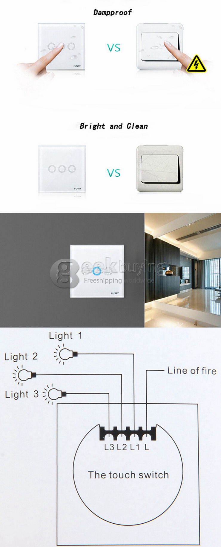 Funry Y2 Home Touch Switch Triple Touch Control 1 Way Intelligent Control Switch With Overload Protection - EU