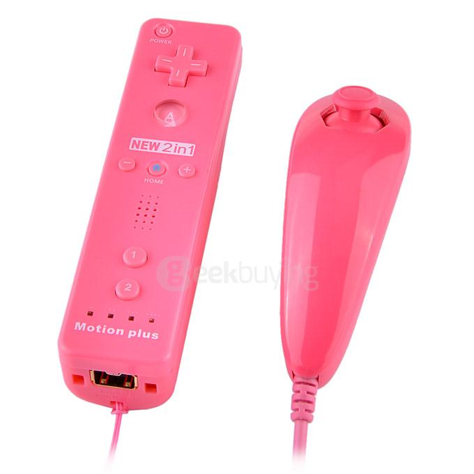 Remote Controller Nunchuck Set With Motion Tech Accelerator Silicone Sleeve Strap For Wii MotionPlus (2 x AA) - Pink