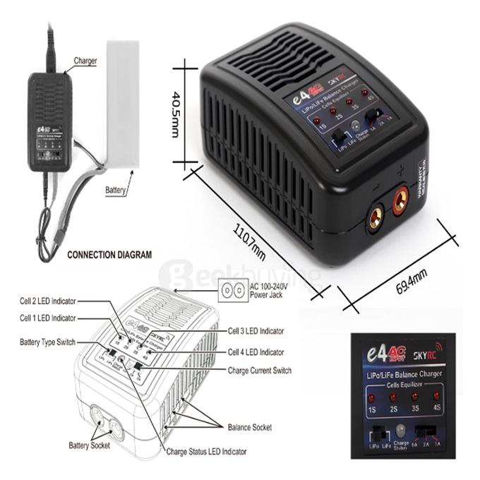 SKYRC E4 Balance Charger 100-240V Cells Lipo LiFe 20W 1A 2A 3A
