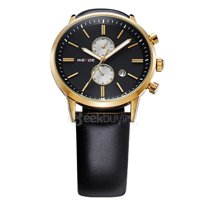 WEIDE WH3302 Men Sports Quartz Watch Leather Strap Time And Date Display - Gold + Black