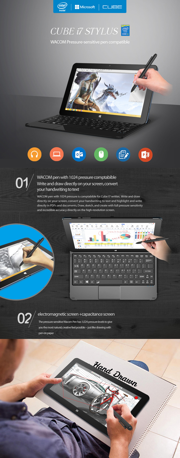 CUBE i7 Stylus Win 8.1 Intel Core-M Dual Core 2.0GHz 4GB/64GB Tablet PC + Cube CDK02 Magnetic Touchpad Keyboard + Cube CEP01 Electromagnetic WACOM Pen