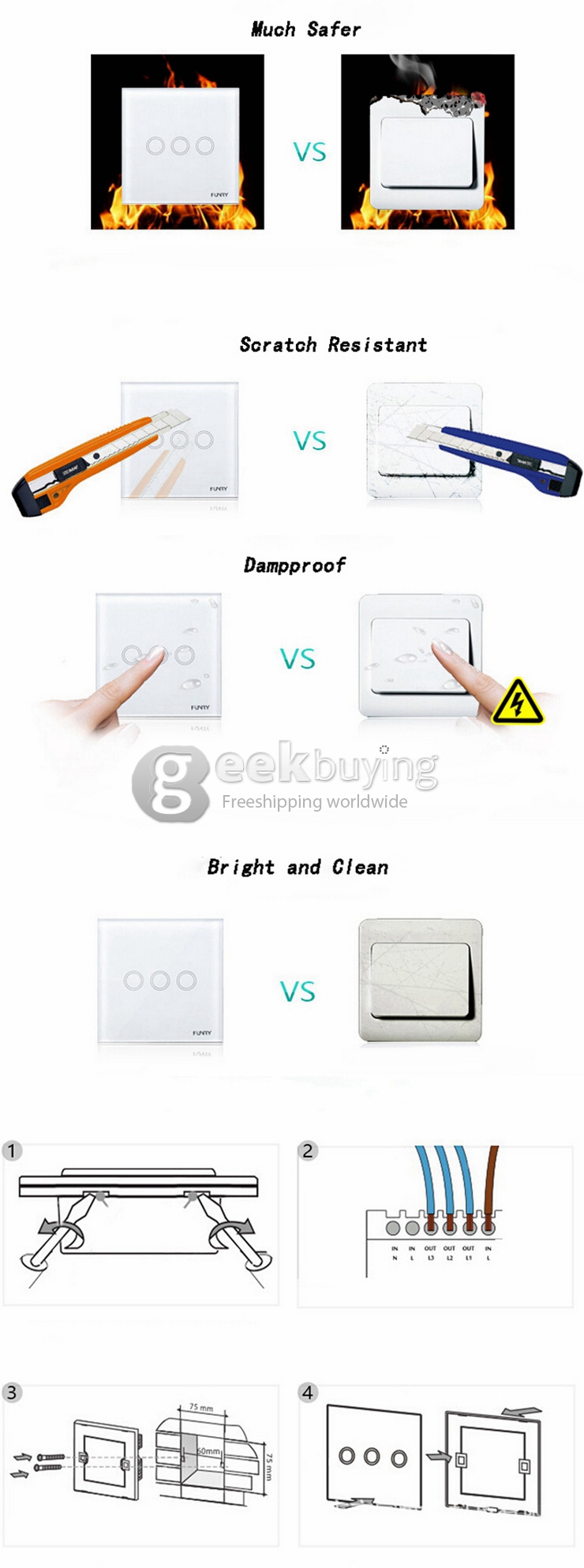 Funry Y2 Home Touch Remote Switch Triple Remote Control Intelligent Control Switch With Overload Protection - EU