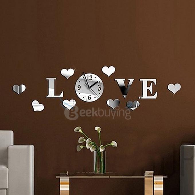 DIY Love Hearts Luxury 3D Wall Art Acrylic Clock Mirror Stickers for Home Decoration - Silver