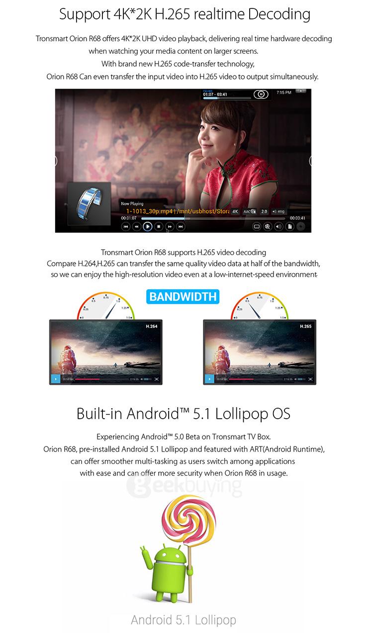 Tronsmart Orion R68 Pro Android 5.1 Lollipop 4K*2K TV Box KODI Rockchip R3368 Octa Core 1G/8G Bluetooth 4.0 HDMI 2.0