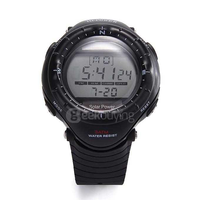 0405 Multi Functions Solar Power LED Digital Men Quartz Sport Wrist Watch - Black