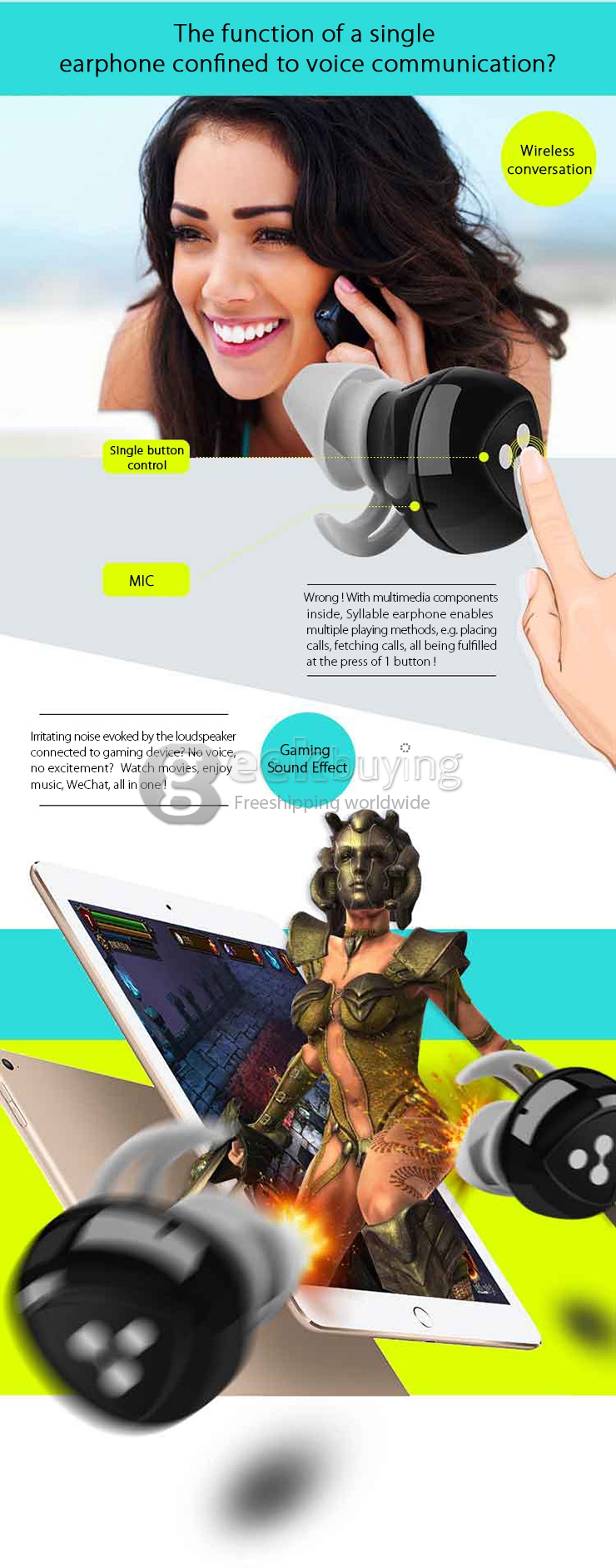 D900 Black Bean Bluetooth Headset BT4.0 Dual Mode Touch Pairing Real Wireless Earphone with Power Bank Charger Dock - Black