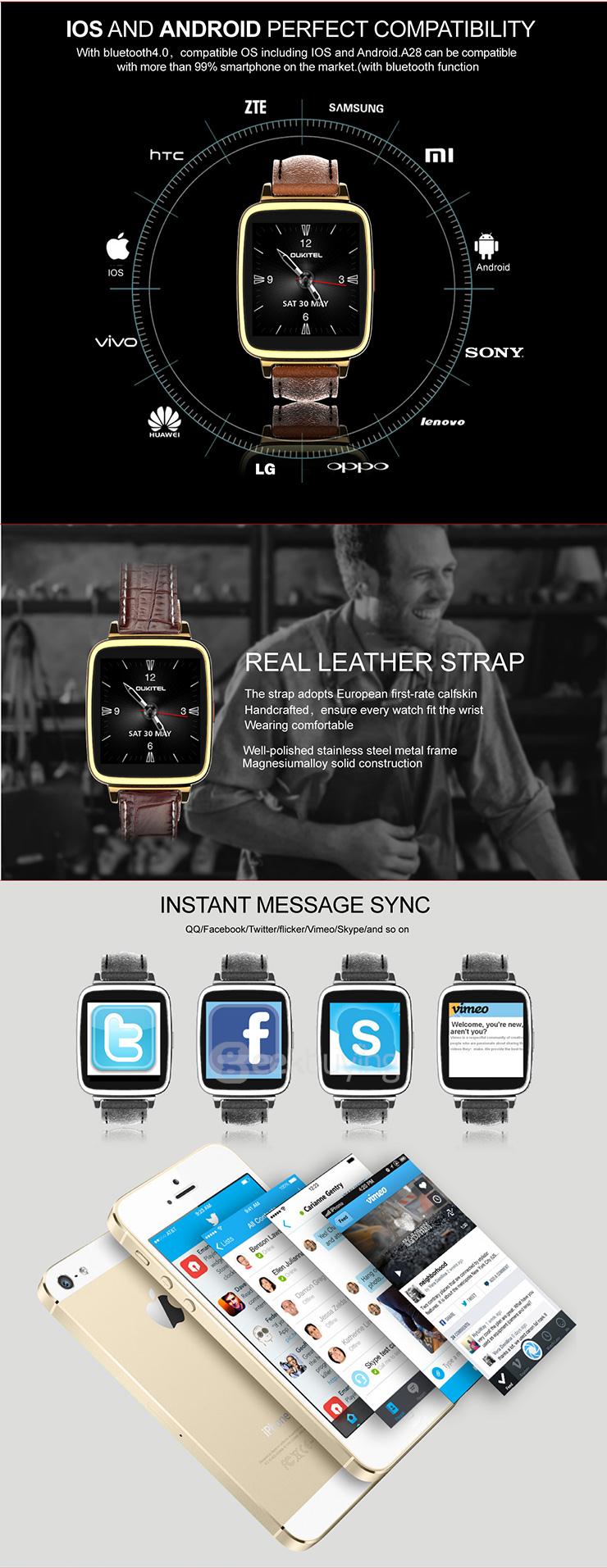 OUKITEL A28 1.54' Bluetooth Smart Watch MT2502A BT4.0 With Genuine Leather Strap For iOS Android - Black