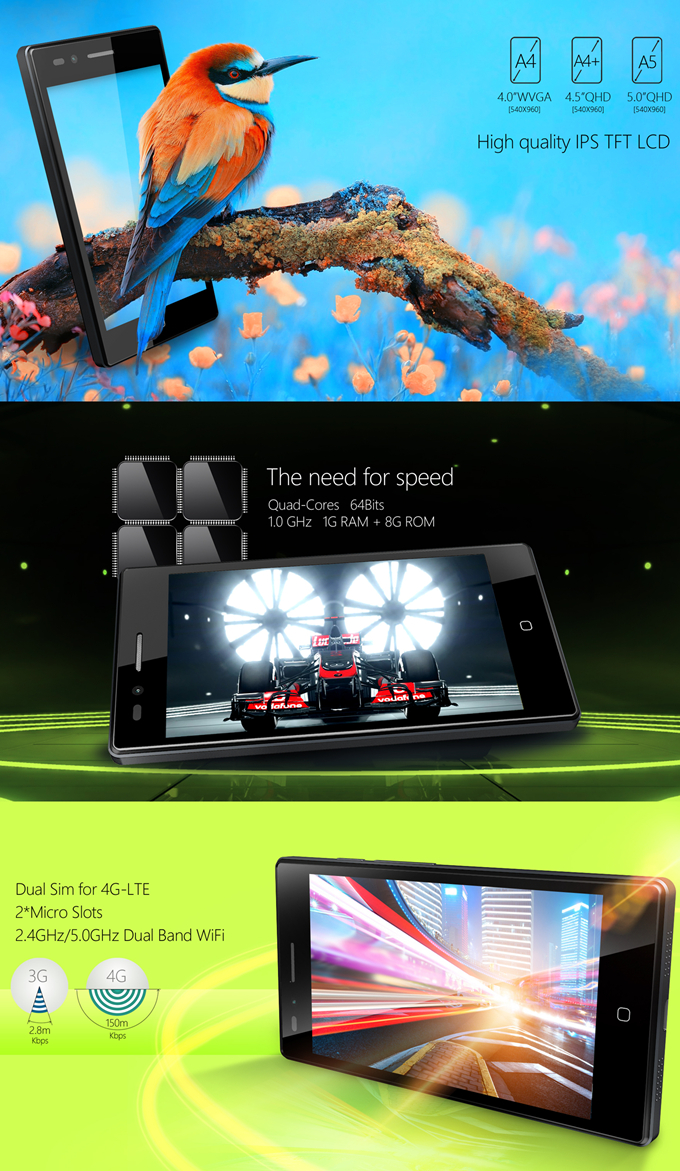 SISWOO A5 5.0inch 4G LTE Android 5.1 Smartphone 64bit MTK6735M Quad Core 1.0Ghz 1GB RAM 8GB ROM - Black
