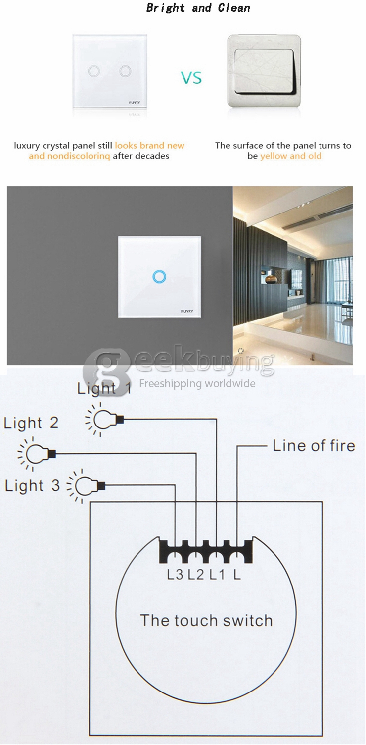Funry Y2 Home Touch Switch Double Touch Control 1 Way Intelligent Control Switch With Overload Protection - EU