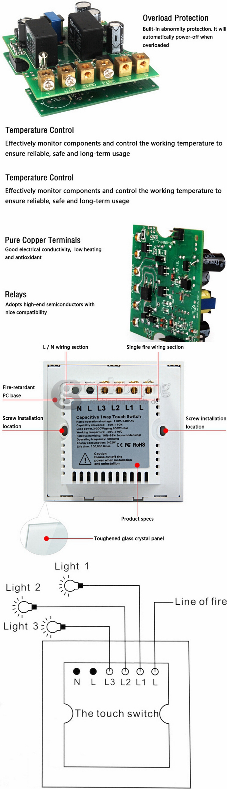 Funry Y8 Home Touch Switch Triple Touch Control 1 Way Intelligent Control Switch With Overload Protection - EU