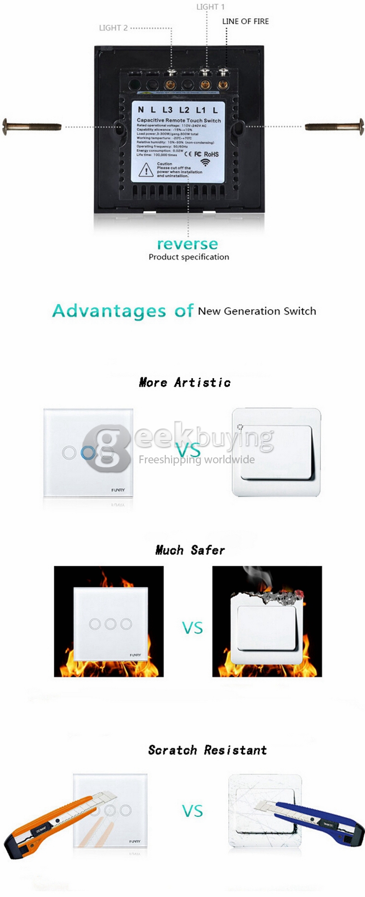 Funry Y8 Home Touch Switch Triple Remote Control 1 Way Intelligent Control Switch With Overload Protection - EU