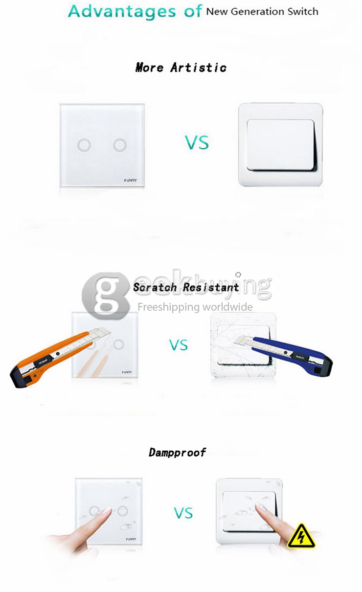 Funry Y2 Home Touch Switch Double Touch Control 1 Way Intelligent Control Switch With Overload Protection - EU