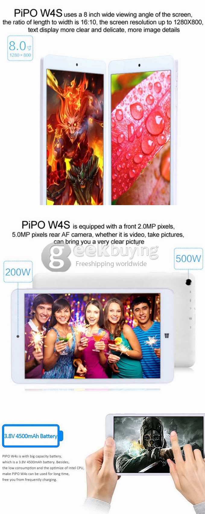 [HK Stock] PIPO W4S Dual OS 8 Inch 2GB/64GB Windows8.1 & Android4.4 Tablet PC Intel Z3735F Quad Core 1.83GHz 1280*800 HDMI Bluetooth WiFi - Black