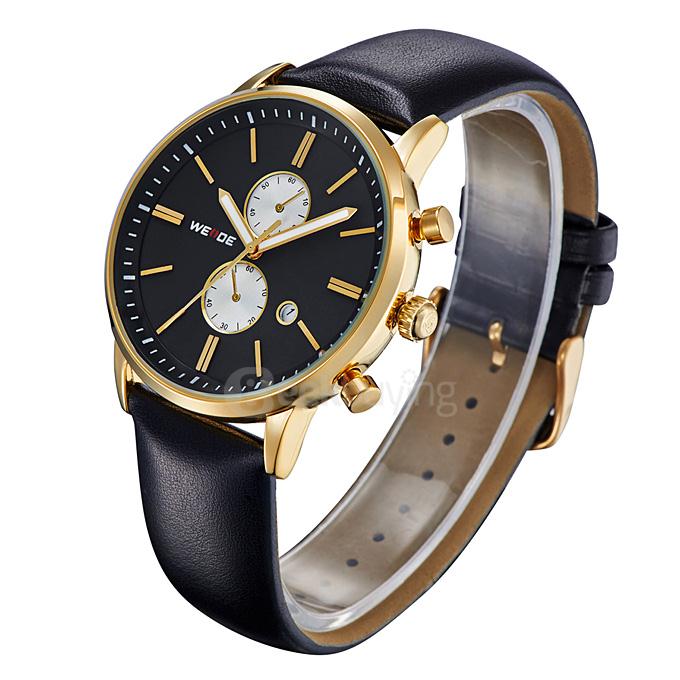 WEIDE WH3302 Men Sports Quartz Watch Leather Strap Time And Date Display - Gold + Black