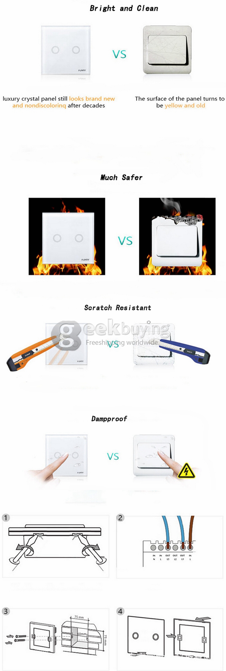 Funry Y2 Home Touch Switch Double Remote Control Intelligent Control Switch With Overload Protection - EU