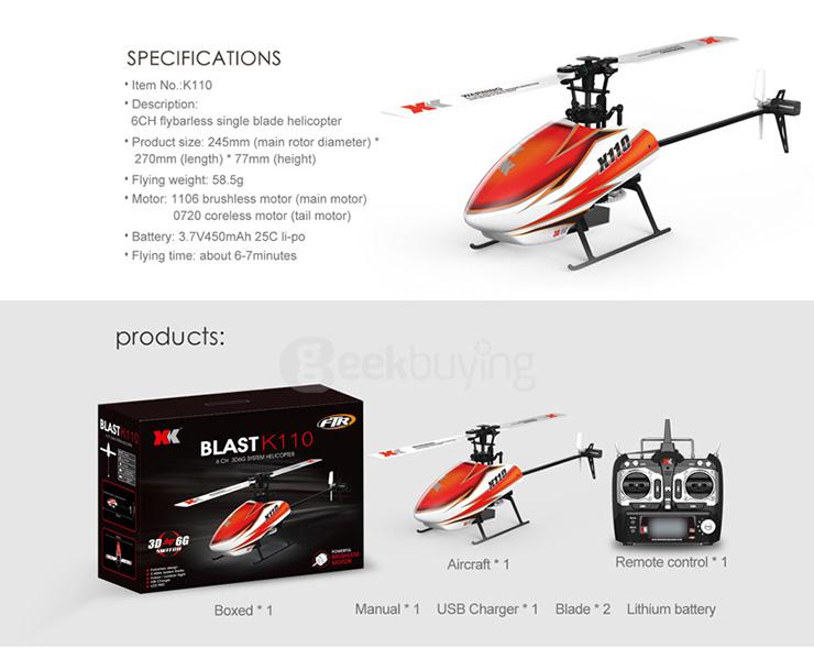XK K110 6CH RC Helicopter Brushless 3D Aerobatics 6G System Copter RTF