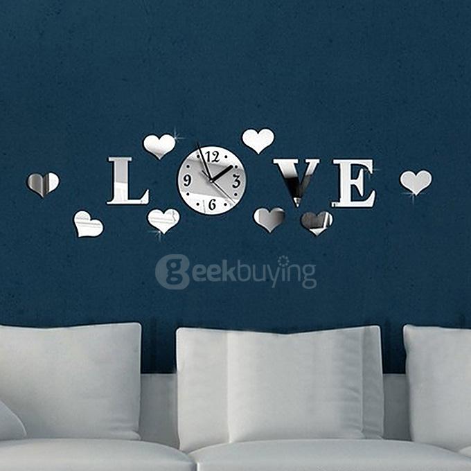 DIY Love Hearts Luxury 3D Wall Art Acrylic Clock Mirror Stickers for Home Decoration - Silver