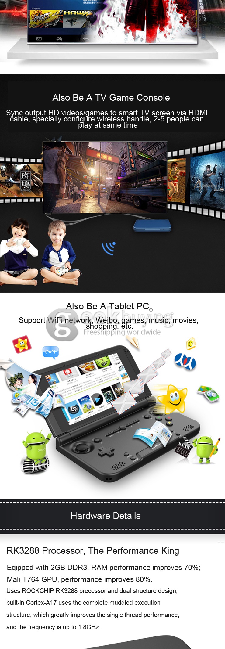 GPD XD 5 Inch Android4.4 Gamepad 2GB/32GB RK3288 Quad Core 1.8GHz Handled Game Console H-IPS 1280*720 HDMI Game Tablet PC - Black