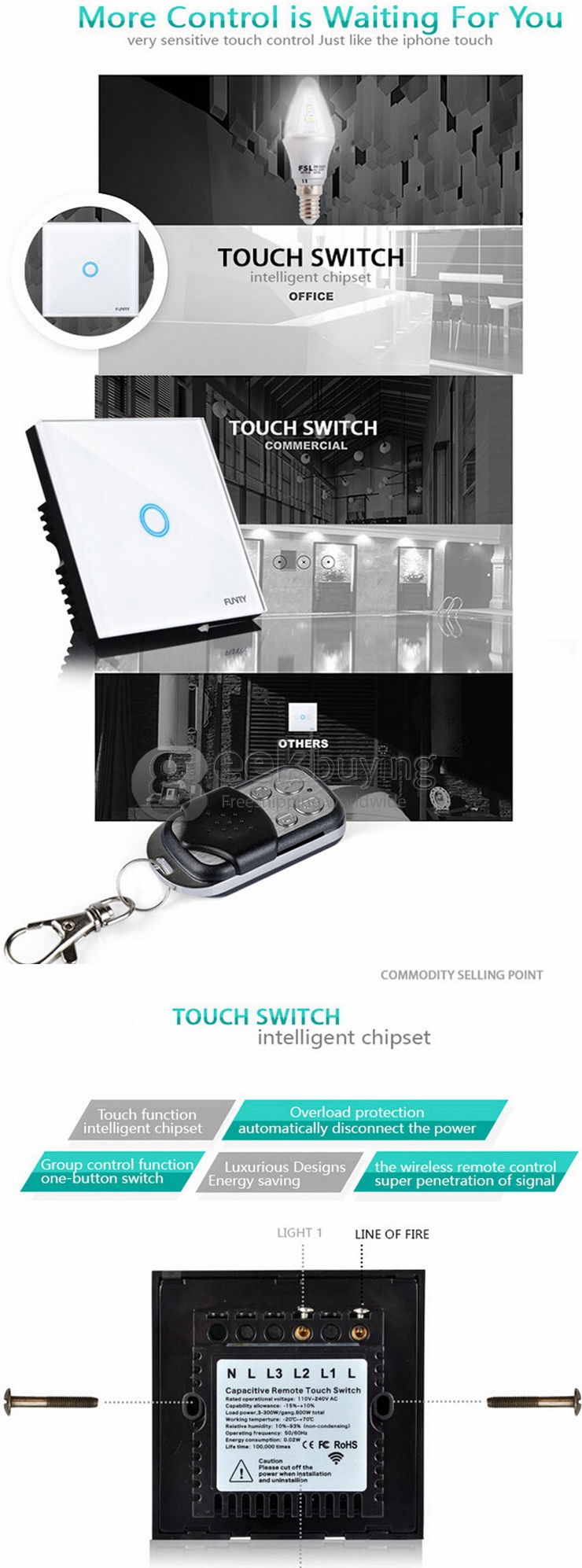 Funry Y8 Home Touch Switch Single Remote Control 1 Way Intelligent Control Switch With Overload Protection - EU