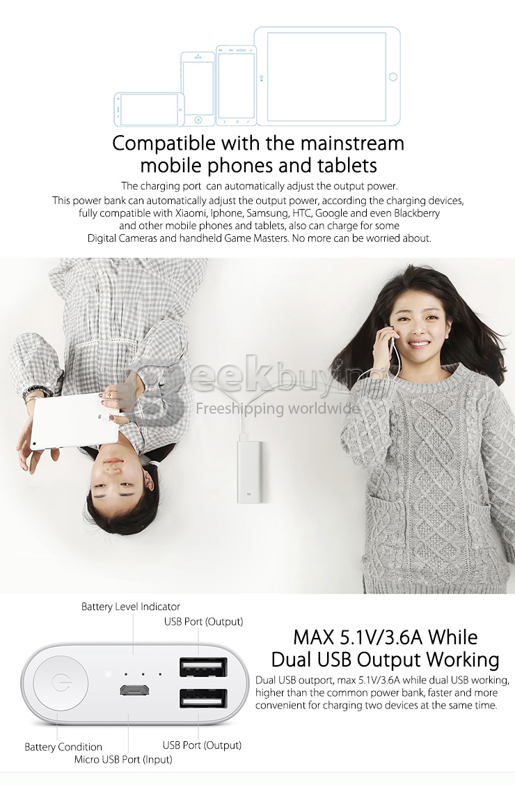 XIAOMI Original 5V 3.6A 2A 16000mAh Power Bank Smartphone Tablet Silver External Battery