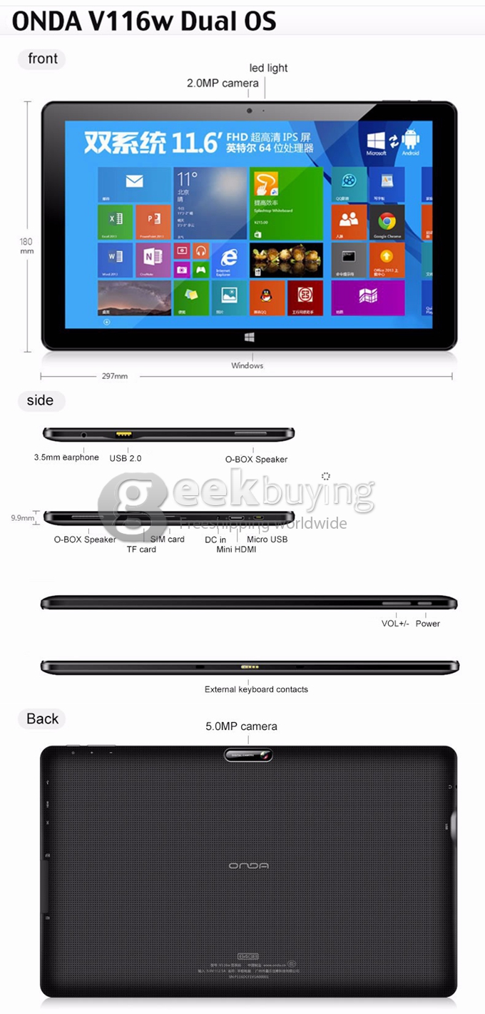 Onda V116w 3G Dual OS 11.6 Inch 2GB/64GB Tablet PC Win8.1 + Android4.4 Intel Z3736F Quad Core 2.16GHz IPS 1920*1080 HDMI OTG Bluetooth - Black