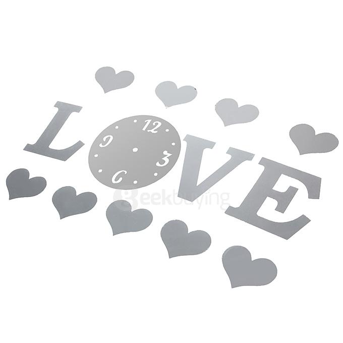 DIY Love Hearts Luxury 3D Wall Art Acrylic Clock Mirror Stickers for Home Decoration - Silver
