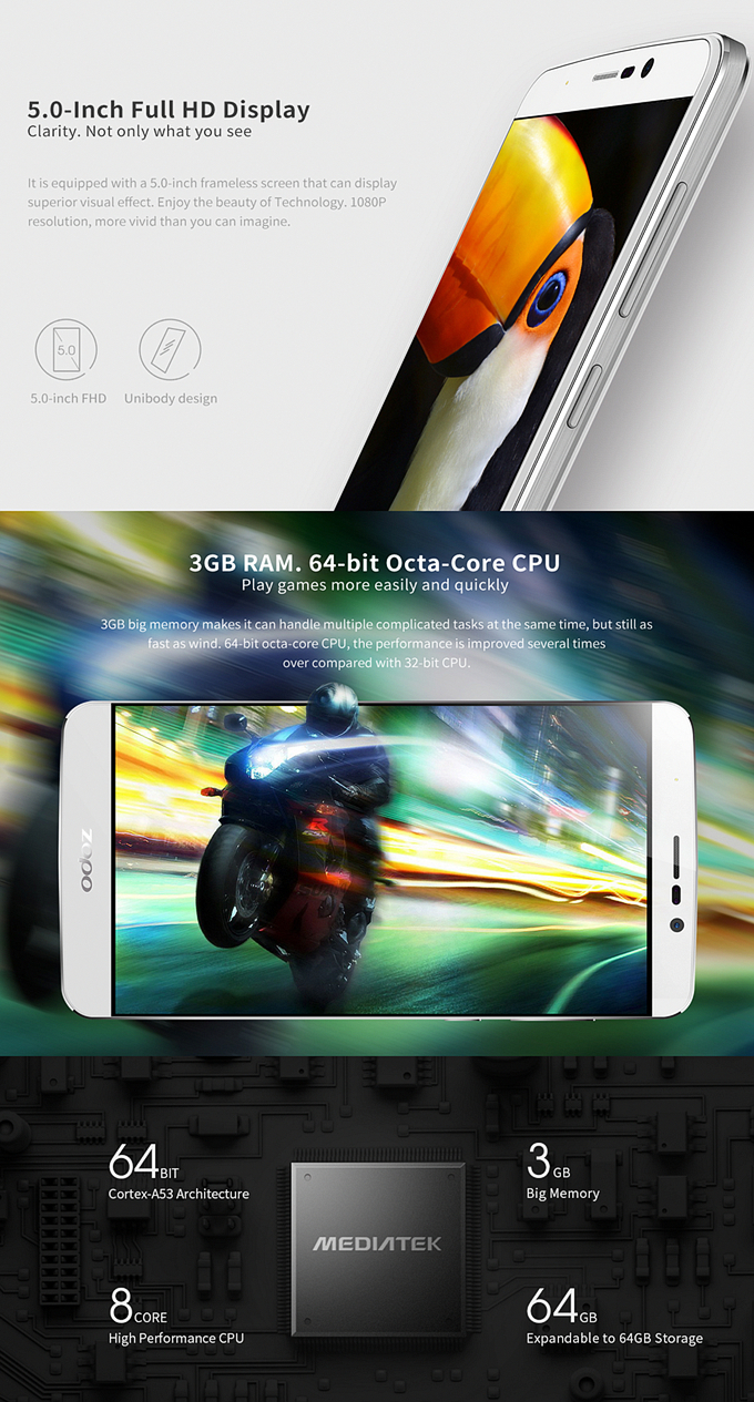 ZOPO Speed 7 5.0Inch FHD Android 5.1 3GB 16GB 4G Smartphone 64bit MTK6753 Octa Core 13.2MP Miracast OTG Hotknot - Black