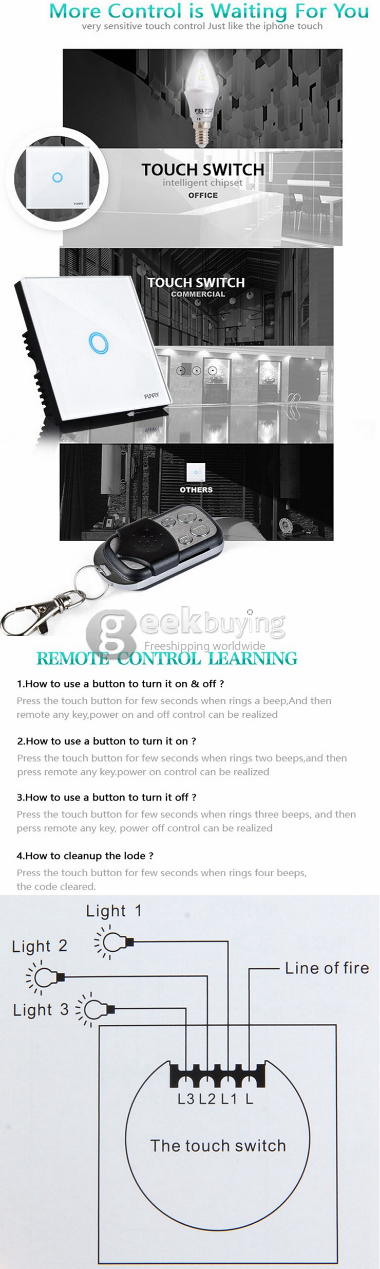 Funry Y2 Home Touch Switch Single Remote Control Intelligent Control Switch With Overload Protection - EU