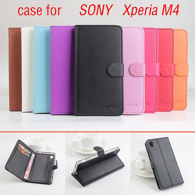 Protective Hard Cover Flip Stand Leather Case for Sony Xperia M4 Smartphone - Black