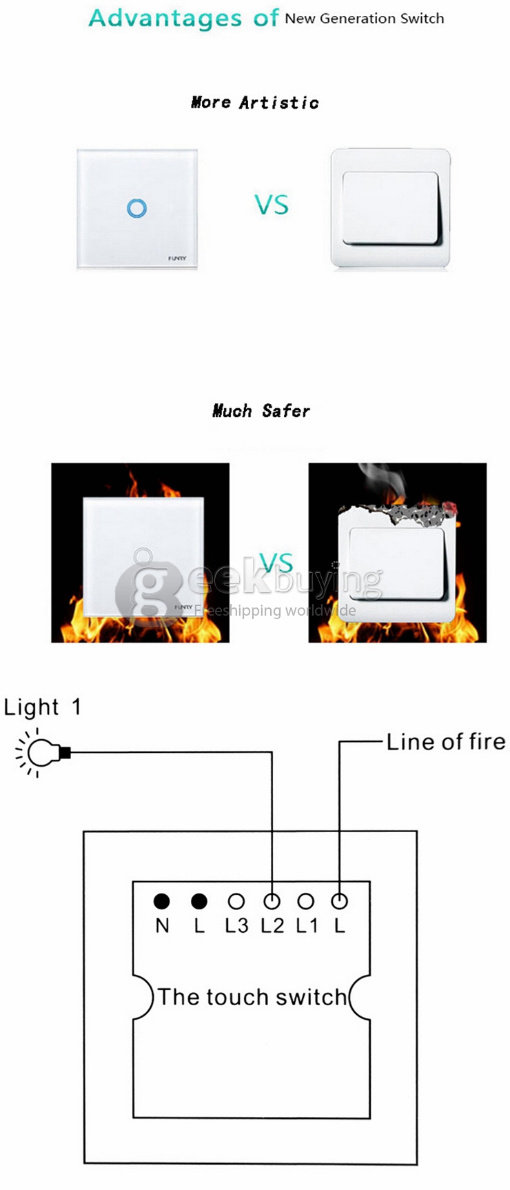 Funry Y8 Home Touch Switch Single Remote Control 1 Way Intelligent Control Switch With Overload Protection - EU