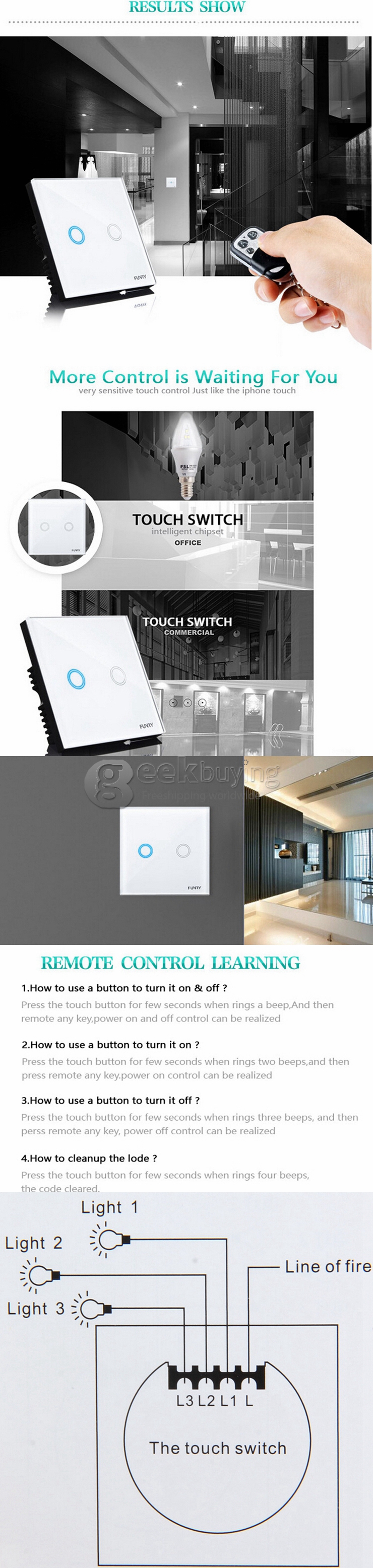 Funry Y2 Home Touch Switch Double Remote Control Intelligent Control Switch With Overload Protection - EU