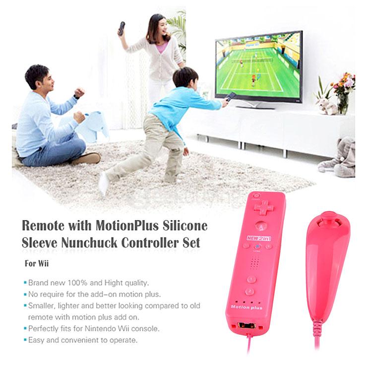 Remote Controller Nunchuck Set With Motion Tech Accelerator Silicone Sleeve Strap For Wii MotionPlus (2 x AA) - Pink