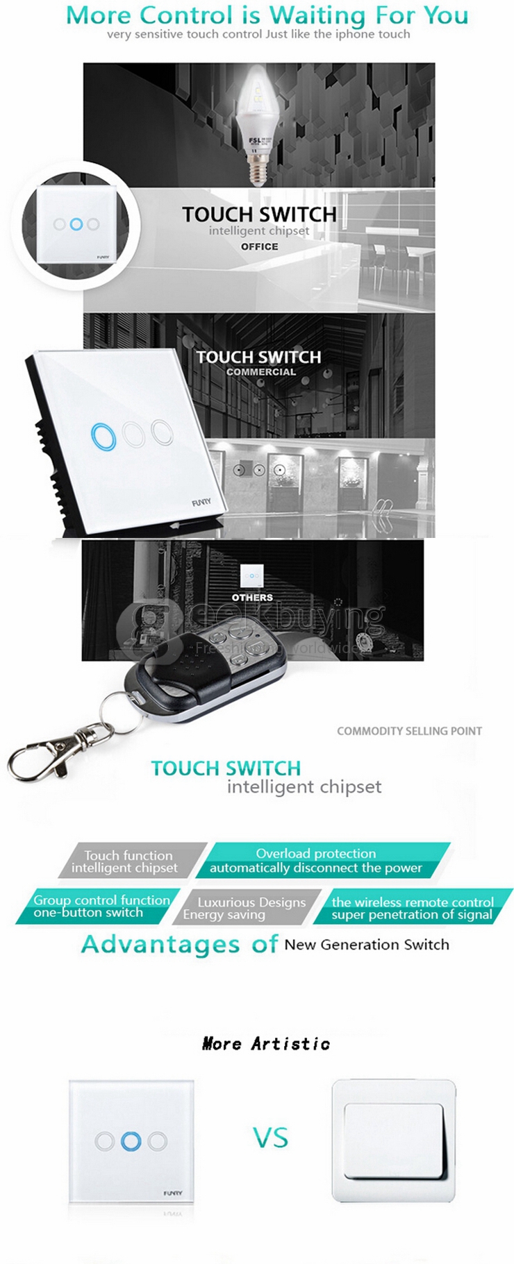 Funry Y2 Home Touch Remote Switch Triple Remote Control Intelligent Control Switch With Overload Protection - Black