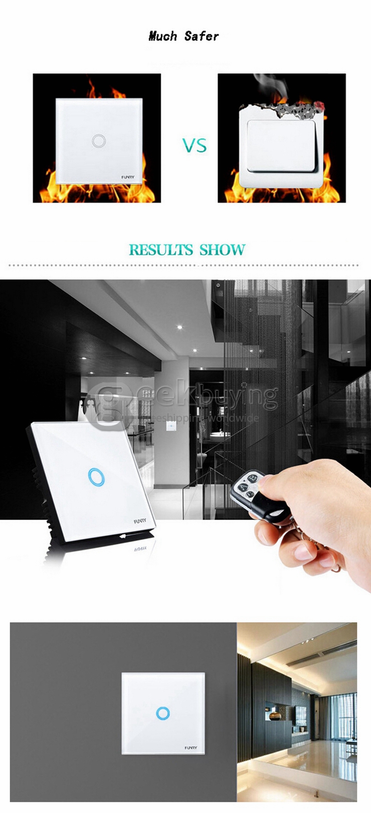 Funry Y2 Home Touch Switch Single Remote Control Intelligent Control Switch With Overload Protection - EU