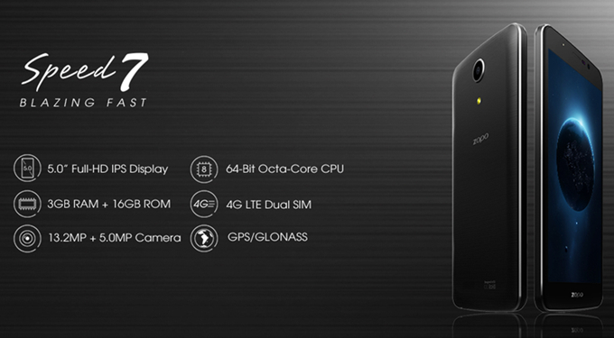 ZOPO Speed 7 5.0Inch FHD Android 5.1 3GB 16GB 4G Smartphone 64bit MTK6753 Octa Core 13.2MP Miracast OTG Hotknot - Black