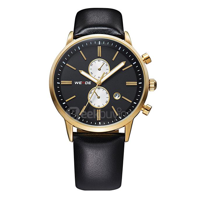 WEIDE WH3302 Men Sports Quartz Watch Leather Strap Time And Date Display - Gold + Black