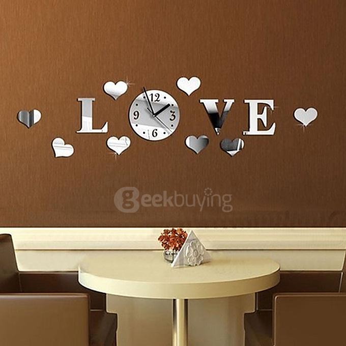 DIY Love Hearts Luxury 3D Wall Art Acrylic Clock Mirror Stickers for Home Decoration - Silver
