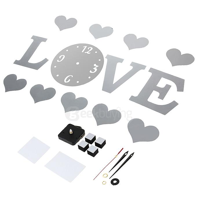 DIY Love Hearts Luxury 3D Wall Art Acrylic Clock Mirror Stickers for Home Decoration - Silver