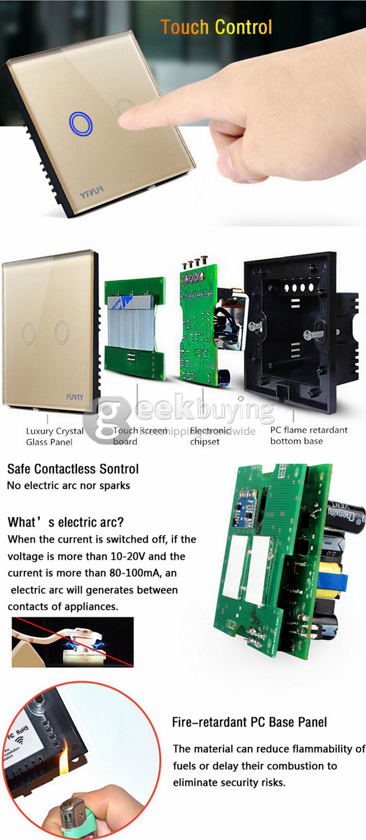 Funry Y8 Home Touch Switch Double Touch Control 1 Way Intelligent Control Switch With Overload Protection - EU