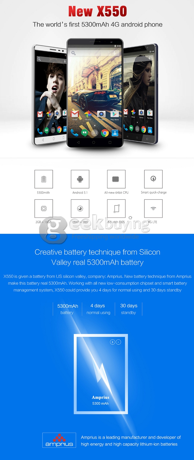 BLUBOO X550 5.5inch 4G FDD-LTE 5300mAh Android 5.1 Smartphone MTK6735 Quad Core 2GB 16GB IPS HD HotKnot Smartwake - White