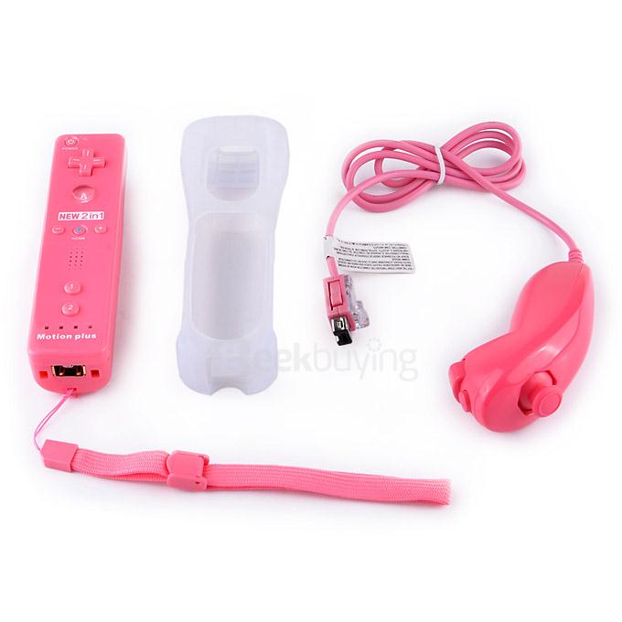 Remote Controller Nunchuck Set With Motion Tech Accelerator Silicone Sleeve Strap For Wii MotionPlus (2 x AA) - Pink