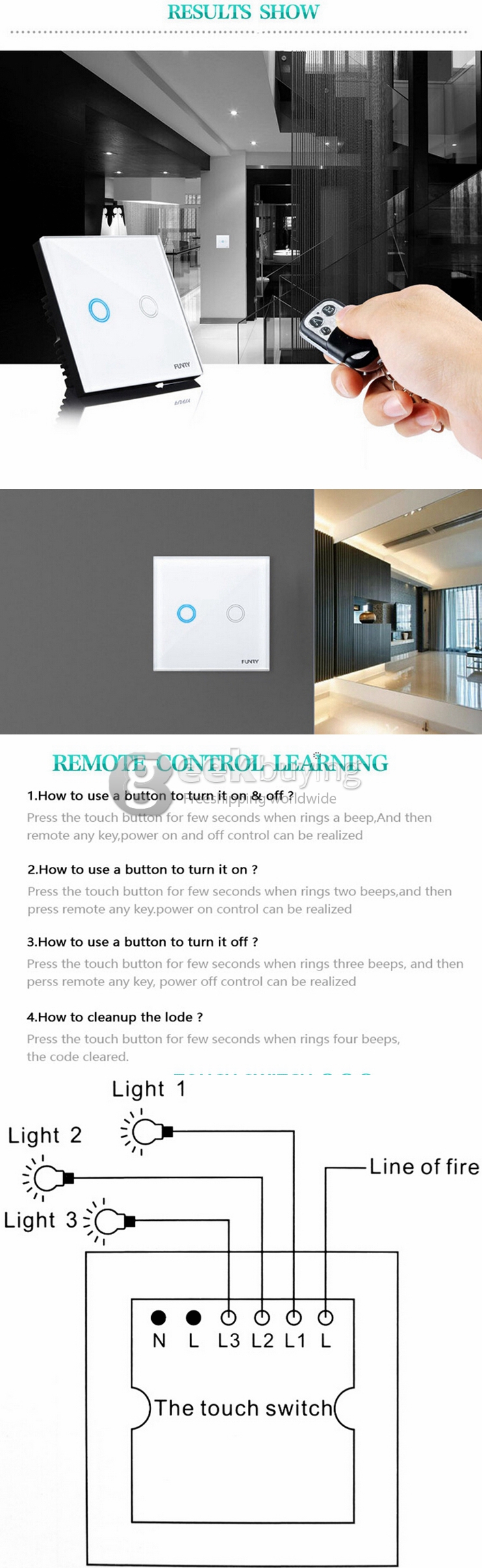 Funry Y8 Home Touch Switch Triple Remote Control 1 Way Intelligent Control Switch With Overload Protection - EU