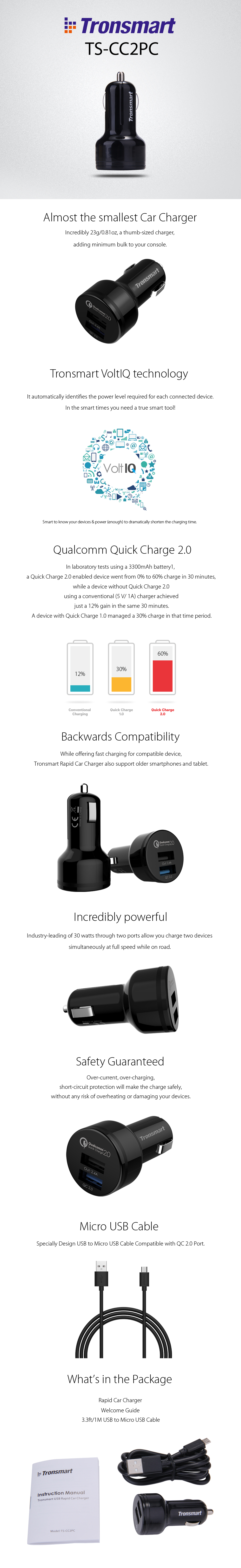 [UK Stock] [Qualcomm Official Certified] Tronsmart Quick Charge 2.0 30W 2 Ports USB Rapid Car Charger Adapter with VoltIQ 5V/2.4A + Quick Charge 2.0 12V/1.5A Technology Include 1*3FT USB to Micro USB Cable