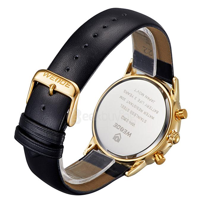 WEIDE WH3302 Men Sports Quartz Watch Leather Strap Time And Date Display - Gold + Black