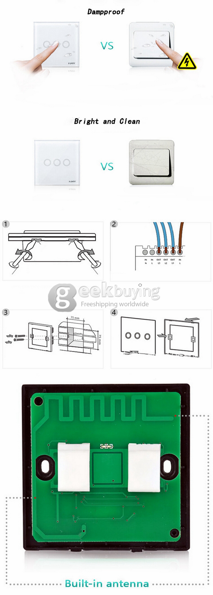 Funry Y8 Home Touch Switch Triple Remote Control 1 Way Intelligent Control Switch With Overload Protection - EU