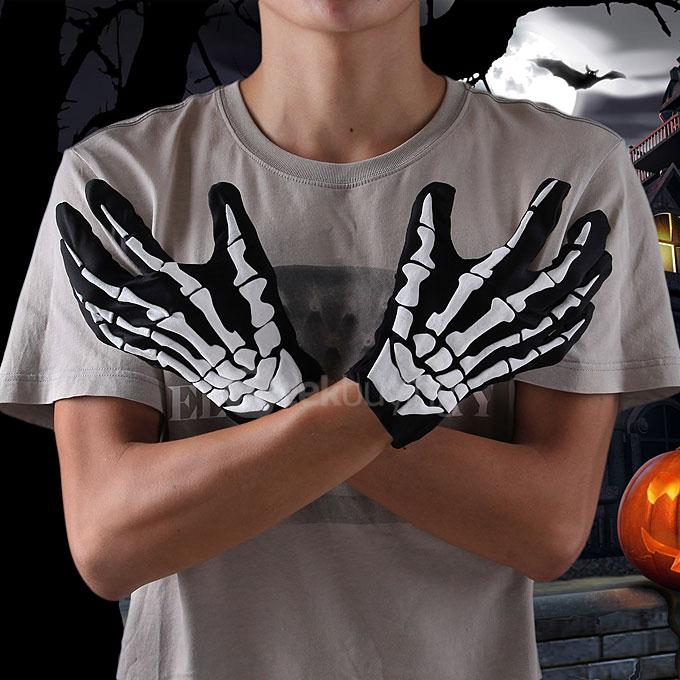 Adult Halloween Fancy Dress 3D Skeleton Bones Gloves - Black + White