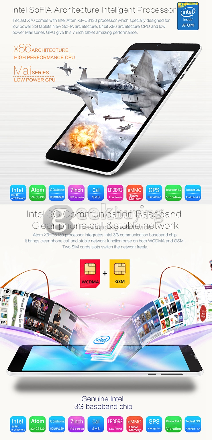 Teclast x70 3G 7 Inch Android 4.4 Phone Call Tablet PC 1GB/8GB SoFIA Atom x3-C3130 Phablet Dual Core IPS 1024x600 GPS OTG WiFi - White
