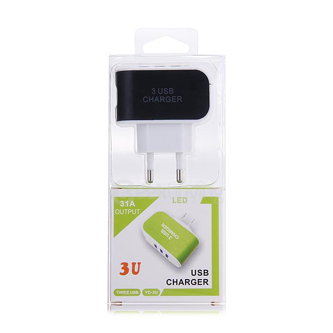 3 Ports USB AC Charger Adapter With LED EU Plug - Black